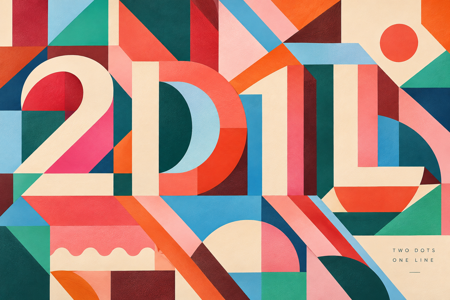 2D1L — Two Dots, One Line, its letterforms woven into a textured geometric composition