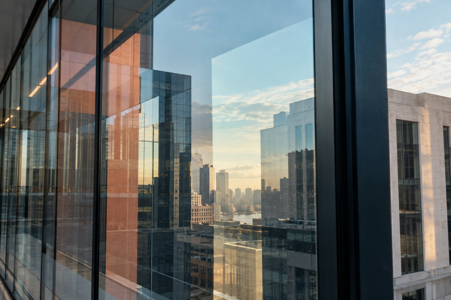 An illustrative city seen through intersecting glass reflections, warm stone and pale-blue sky