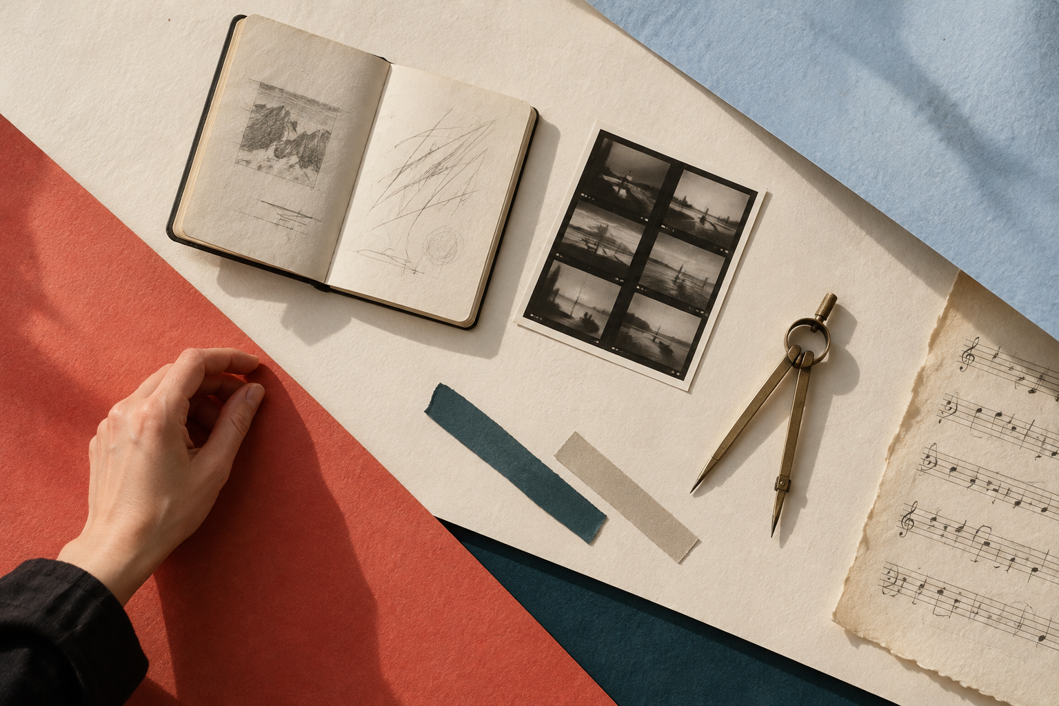 An overhead illustration of paper, a notebook, photographic prints, music and a drawing instrument meeting in one creative composition