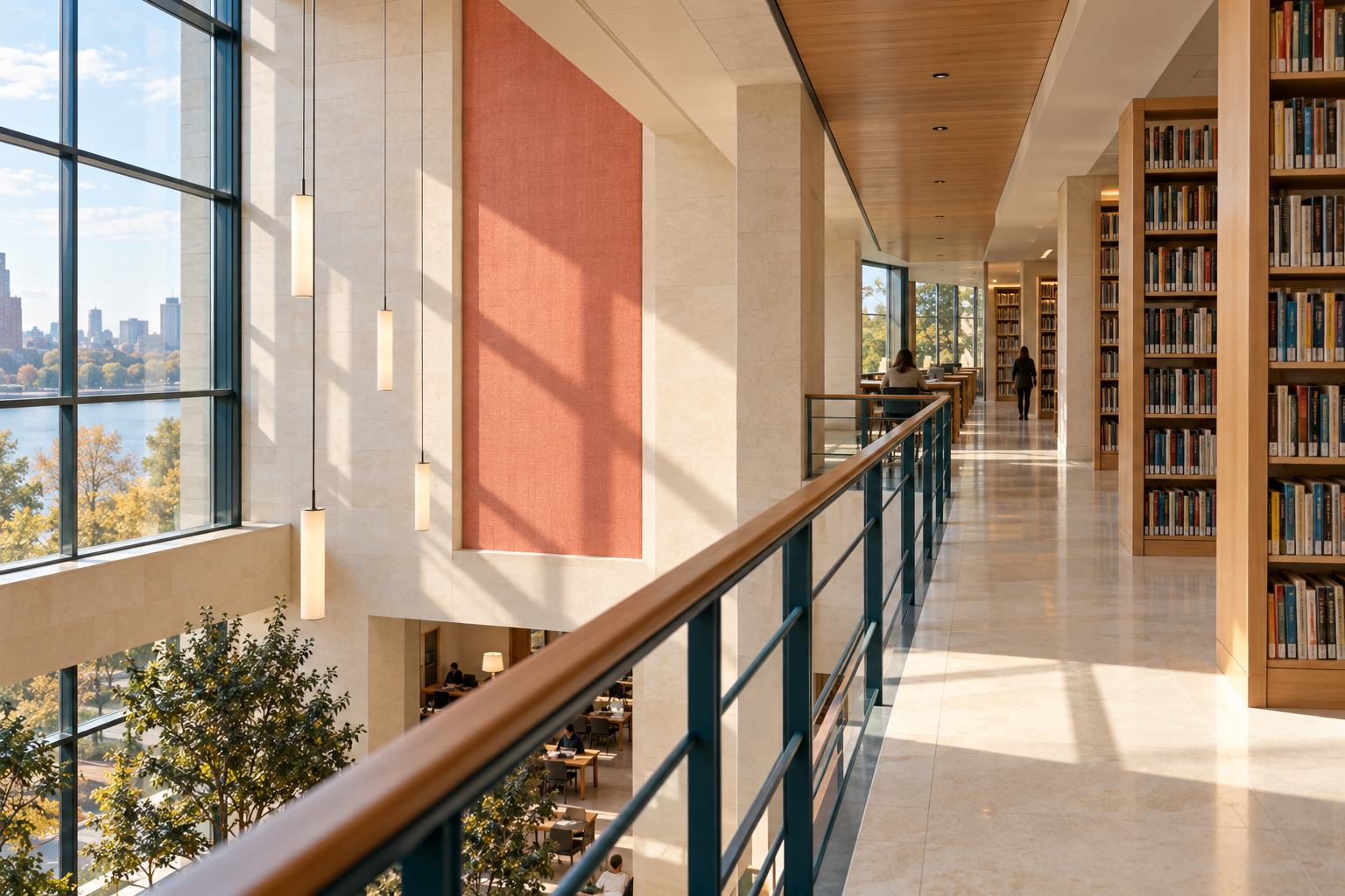 An illustrative contemporary library, with daylight, receding shelves and a coral architectural plane
