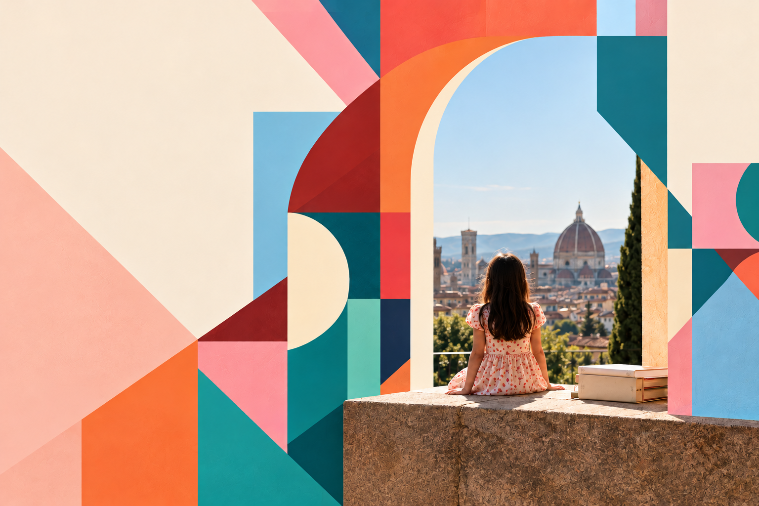 The selected landing artwork: a girl looking toward Italian buildings through geometric architecture, seated on a stone terrace beside books