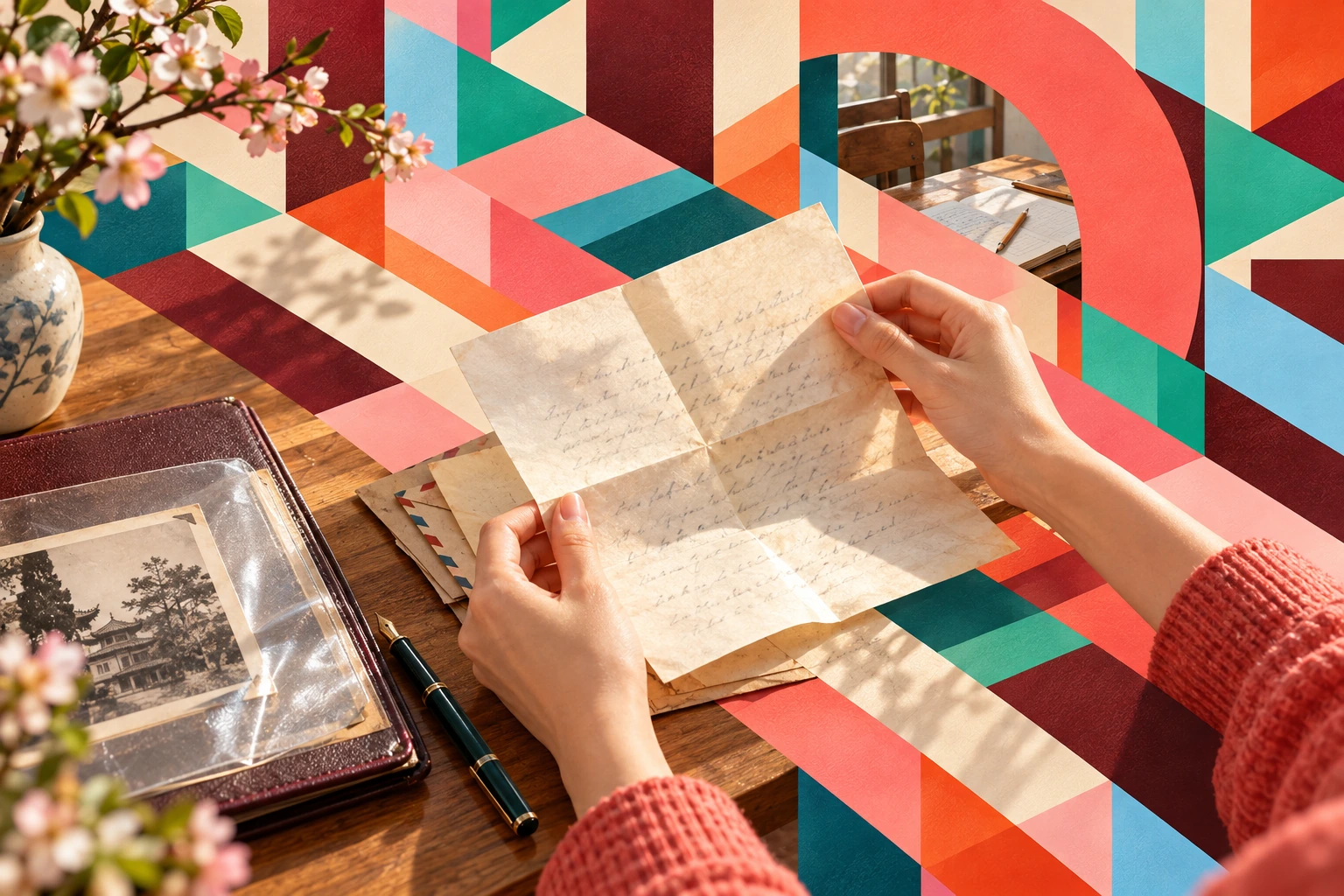 An imagined close view of hands opening a letter, an album and a school-desk inset woven through coral, ivory and teal geometry; not an original family document