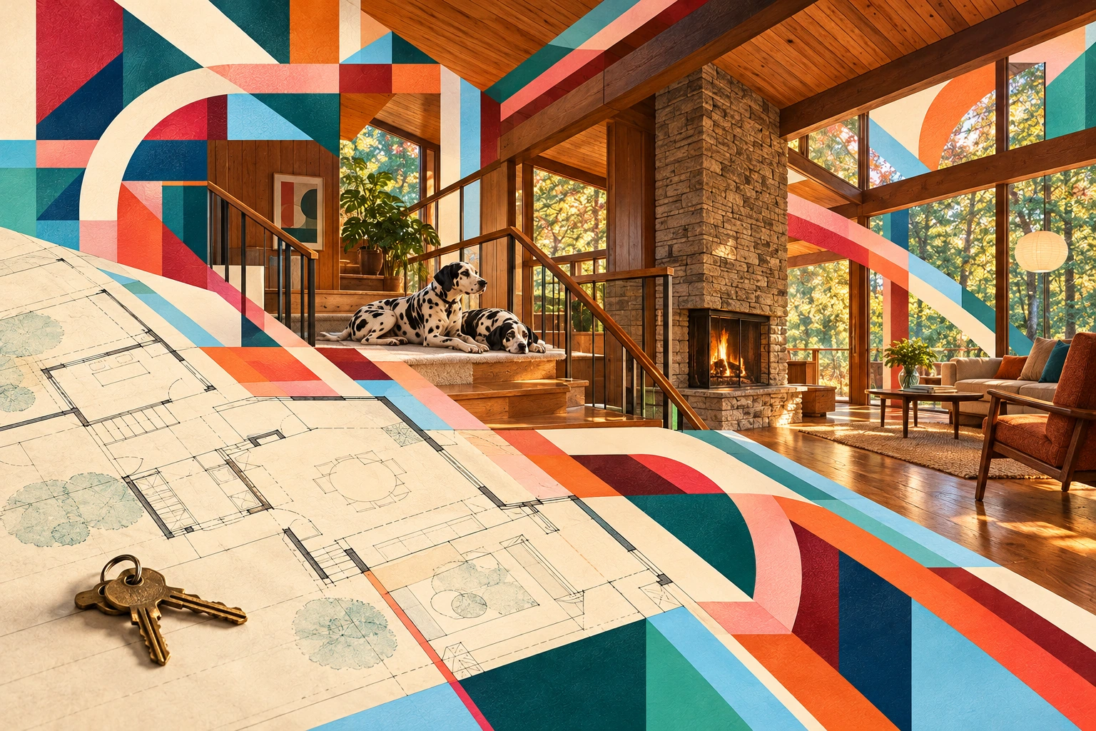 An imagined floor plan and house keys opening into a cedar home, woodland and two Dalmatians, woven with geometric bands; not Bob’s actual plan or a documentary photograph