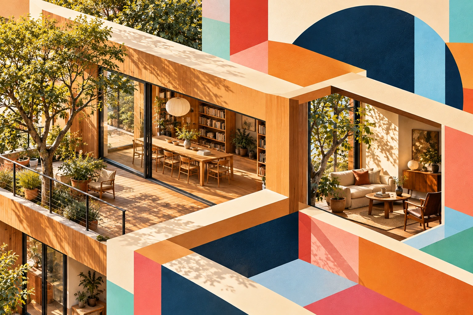 Imagined timber home and an intimate room view joined by architectural planes; an illustration, not Bob’s actual house