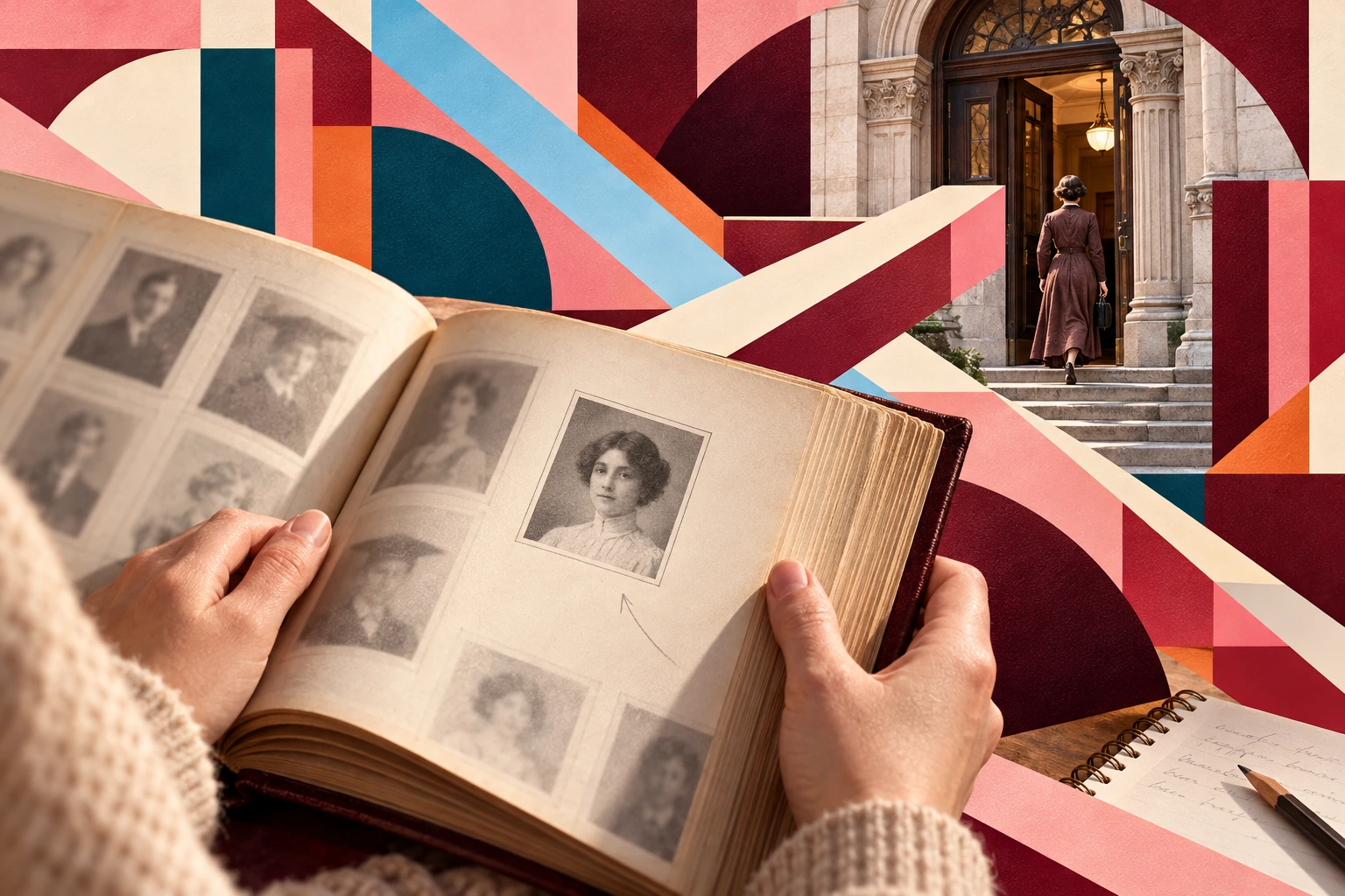 Illustrative yearbook discovery and an imagined historical doorway joined by geometric routes; not an authentic record or portrait of Celia