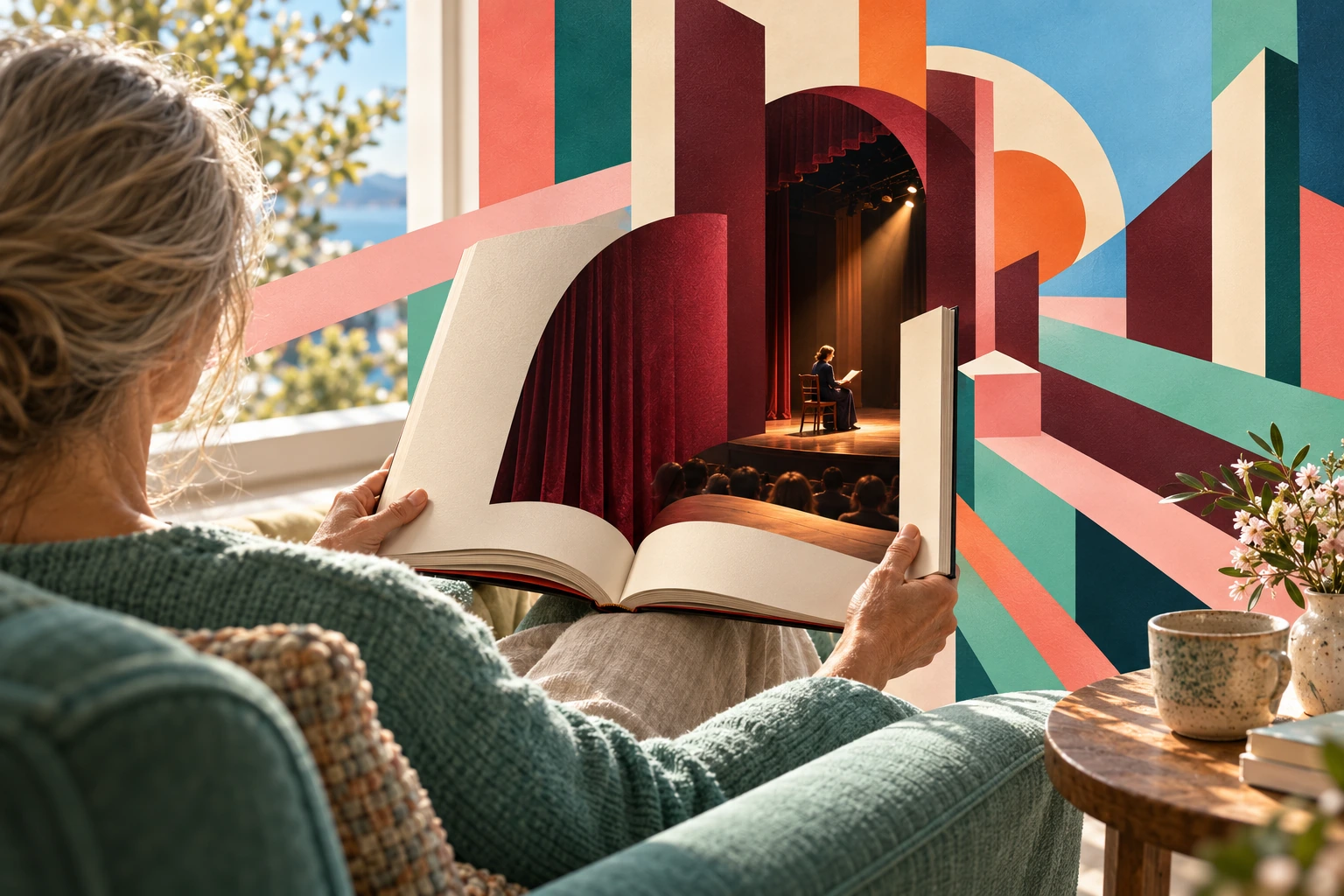An imagined reader’s book opens into a theatrical world, woven through mint and burgundy geometric planes