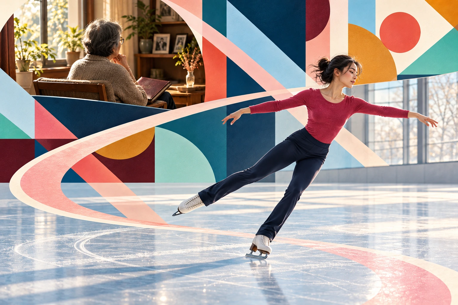 An adult skater with both legs and skates visible, joined to an older listener’s room through an ice-colored geometric path