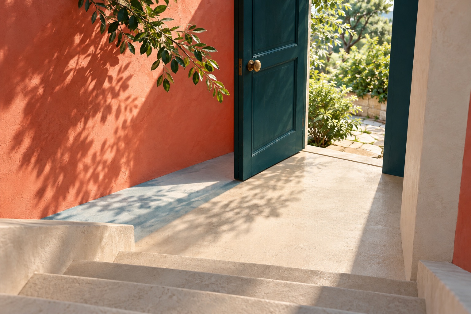 Illustration: Stone steps lead toward an open teal door
