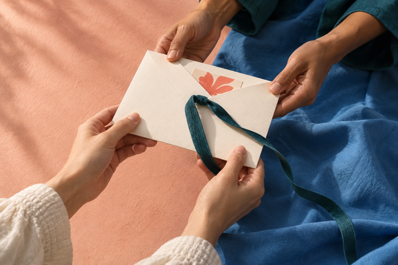 Illustration: Hands share an ivory envelope tied with a teal ribbon