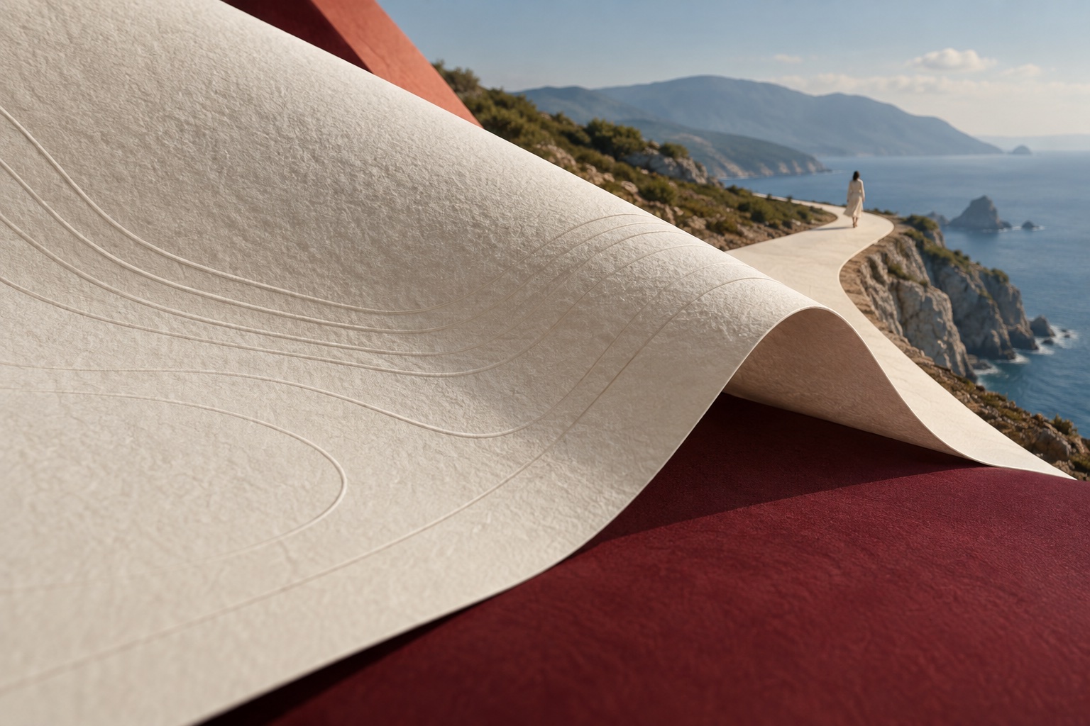 Illustration: A manuscript unfolds into a coastal path