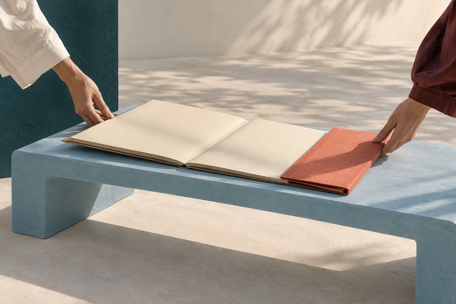 Illustration: Two people set an open presentation folio between them