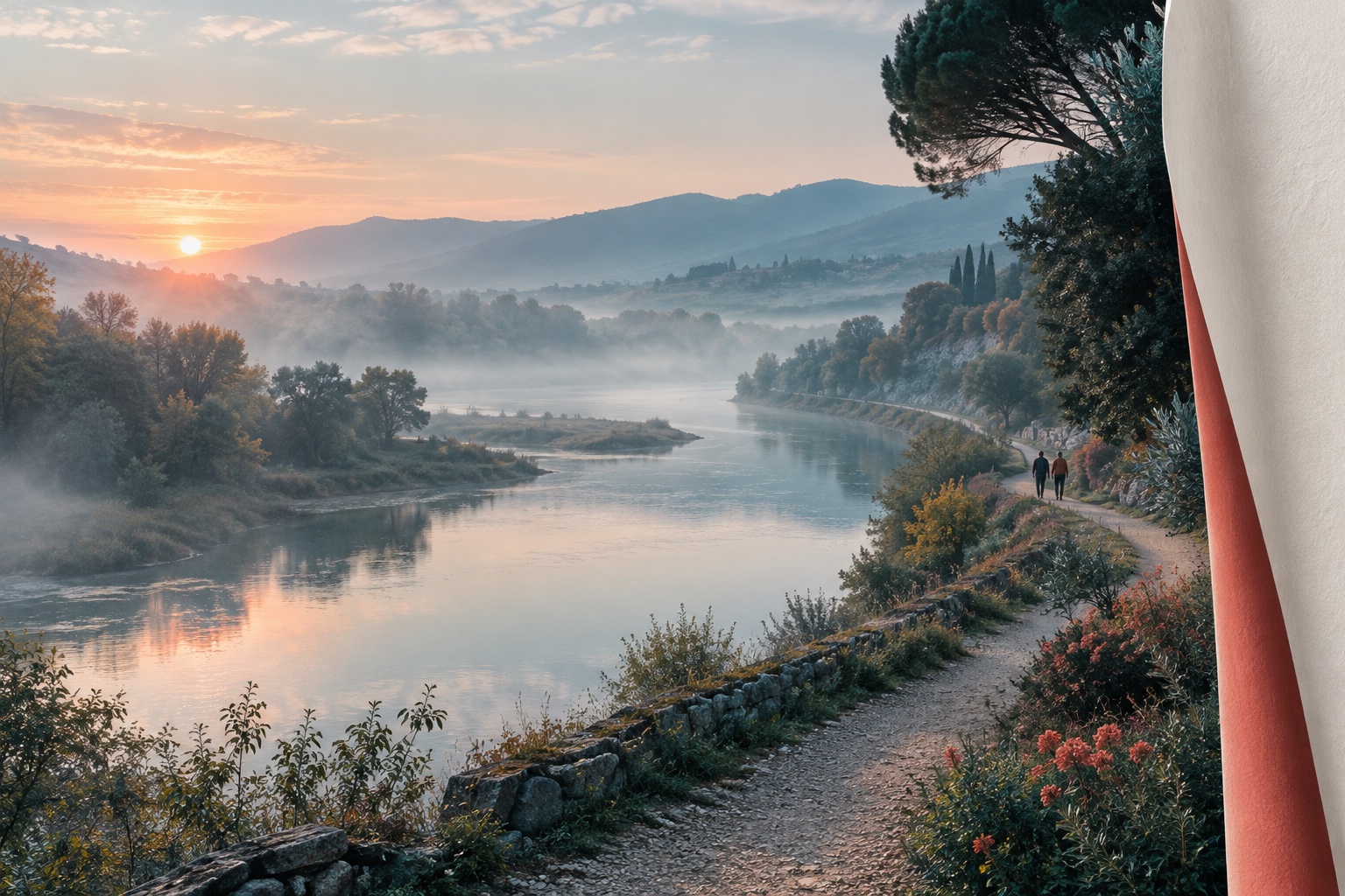 Illustration: Two small figures follow a riverside path