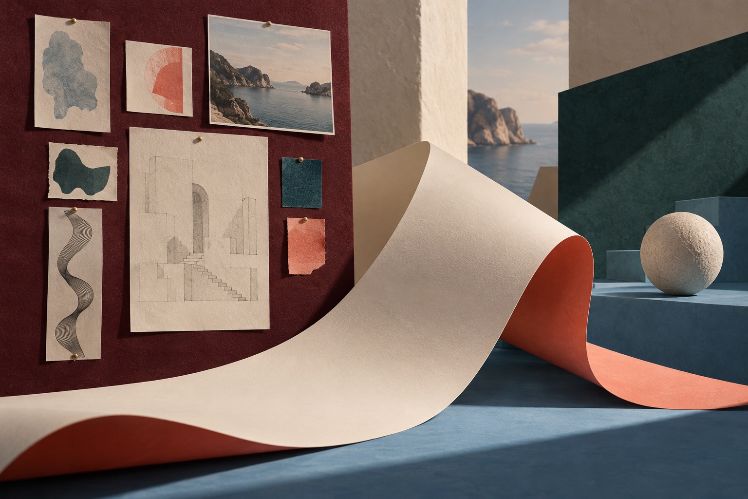 Illustration: Creative studies, paper and spatial ideas in a working atelier