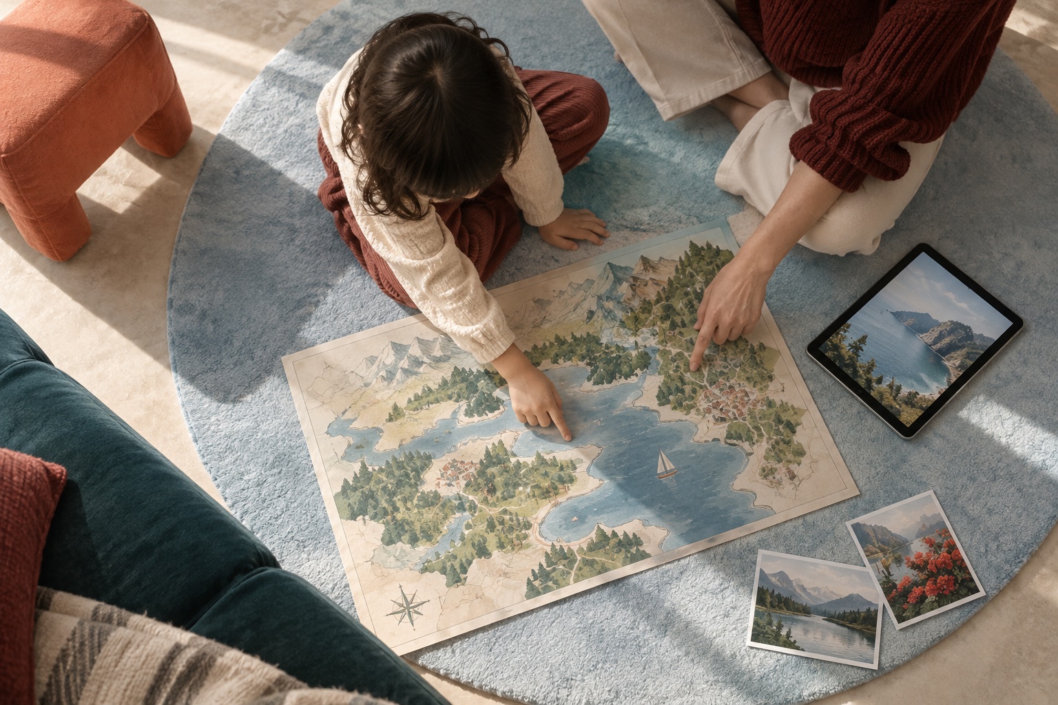 Illustration: A child and adult exploring a place map