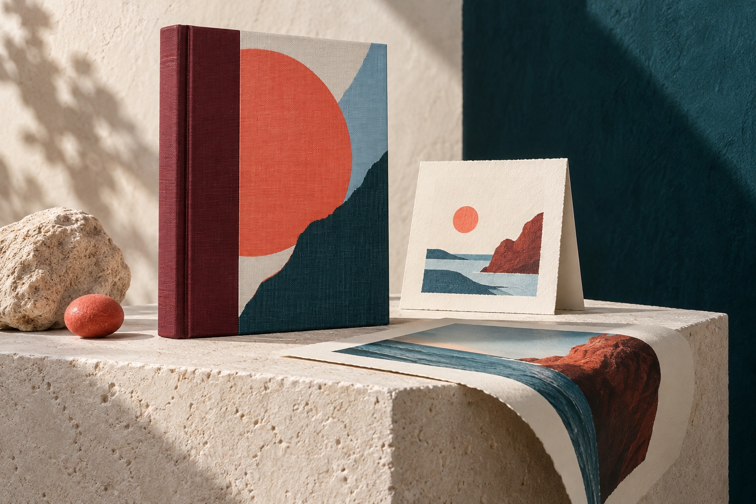 Illustration: A cloth-bound book, card and art print