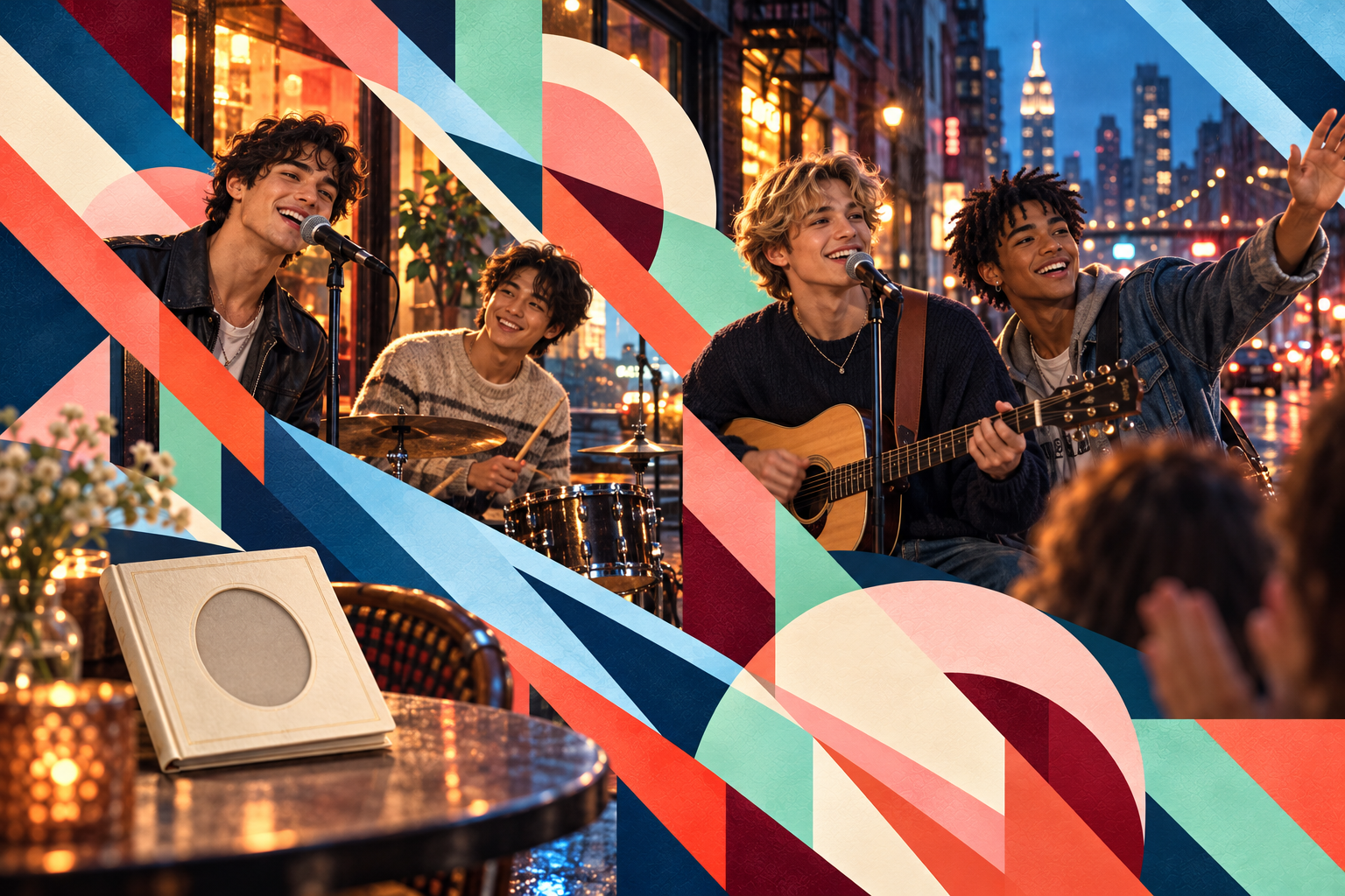 Illustration: Four fictional young musicians perform on a blue-hour New York street, connected by colorful diagonal bands to an empty album mount.