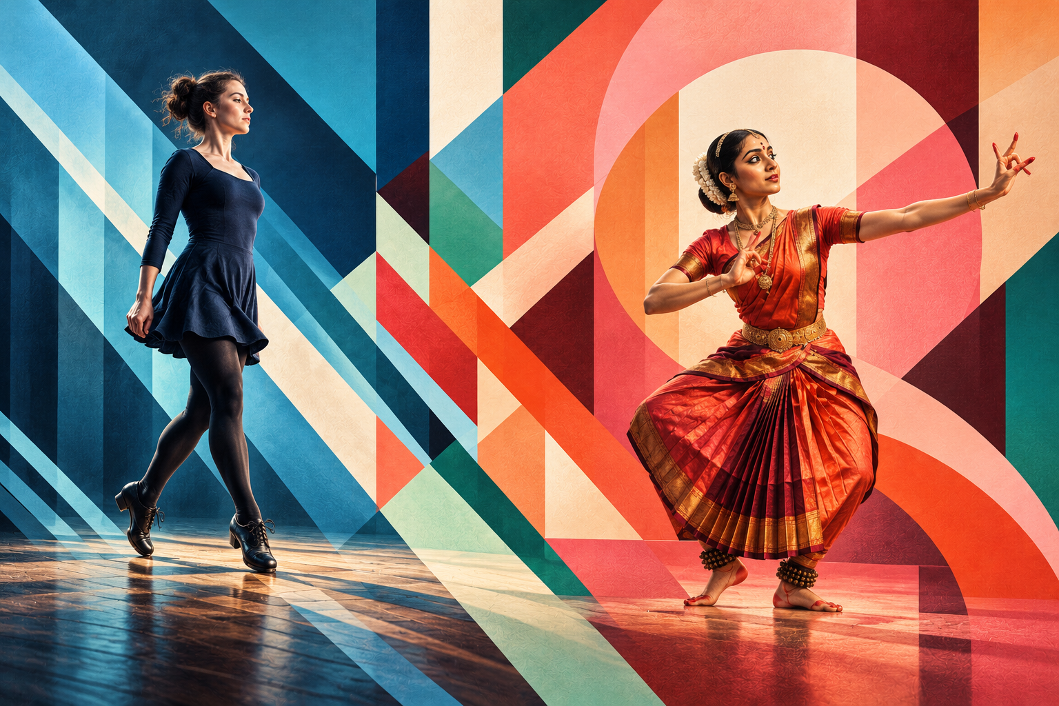 Illustration: An Irish step dancer’s precise feet and composed upper body meet an Indian dancer’s expressive hands and gaze within interwoven geometric rhythms.
