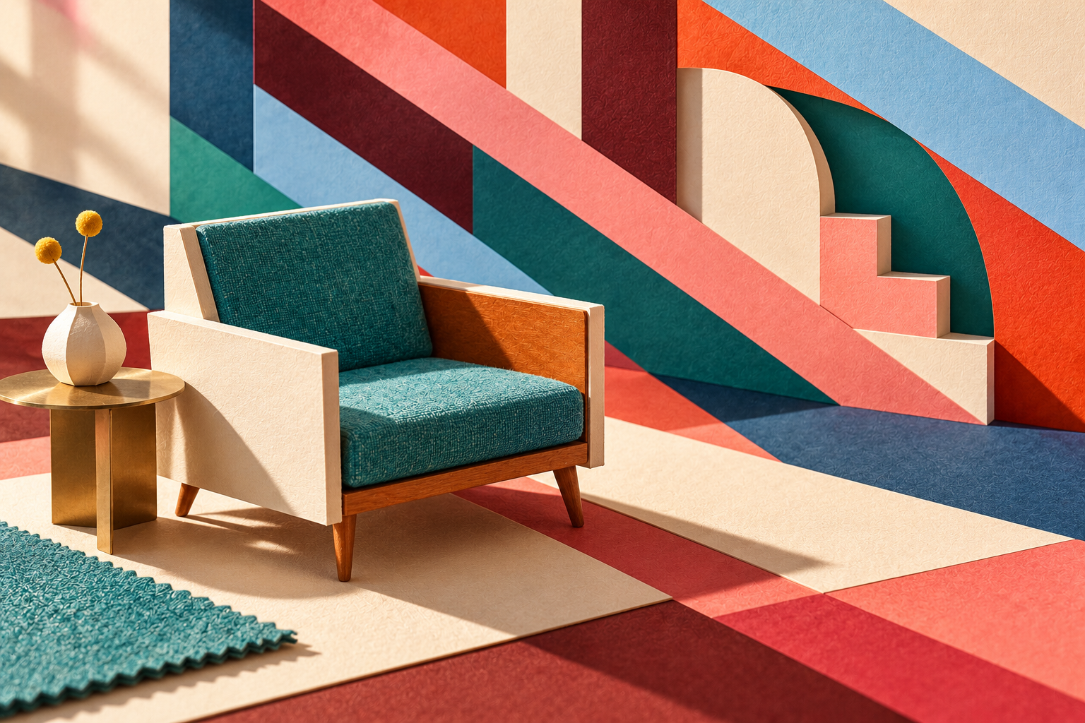 Illustration: A small ivory paper-and-fabric chair with turquoise upholstery, set against layered geometric paper.