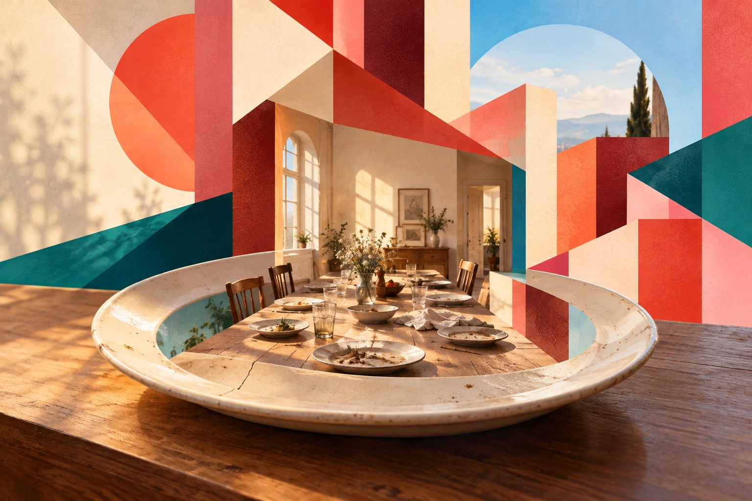 Illustration: A ceramic platter opens into a dining table and afternoon room.