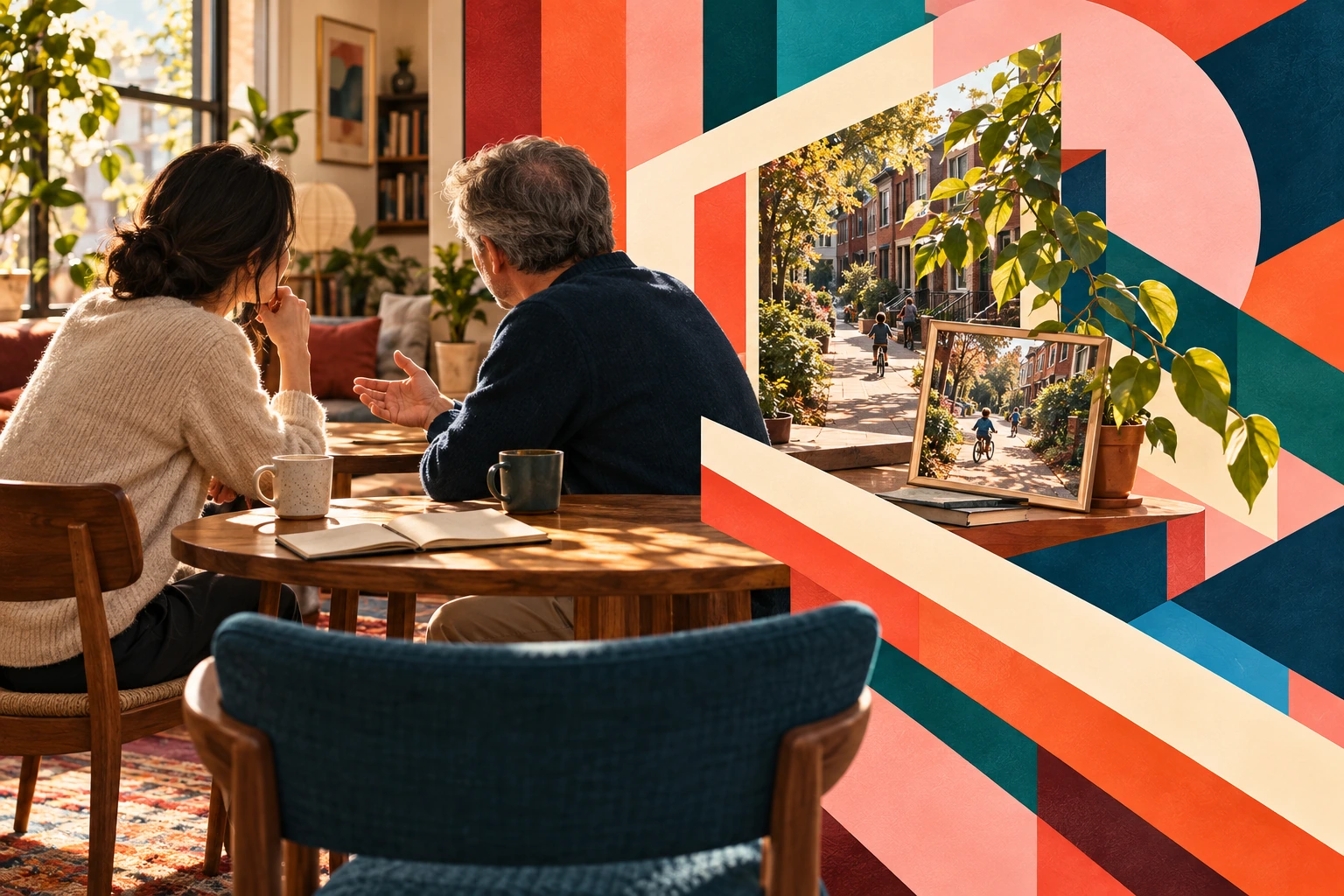 Illustration: Two anonymous adults in conversation, a third empty chair, and a pictured neighborhood.
