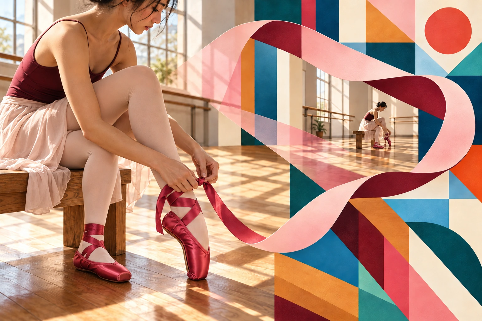 Illustration: A dancer ties a satin ribbon, with a second studio view inside a large rose loop.