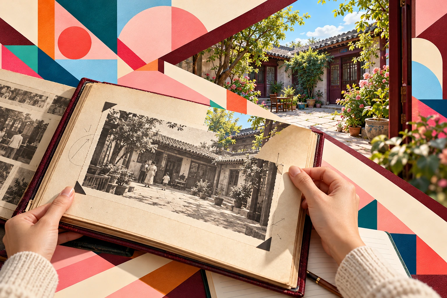 Illustration: An imagined album opens onto a sunlit Chinese courtyard through colored geometric bands.