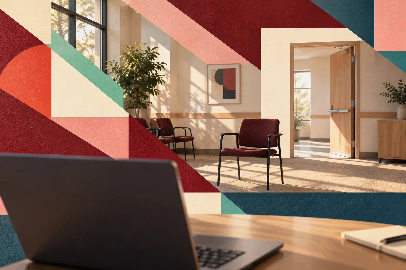 Illustration: An open laptop, empty chairs and a sunlit doorway within coral and teal geometry.