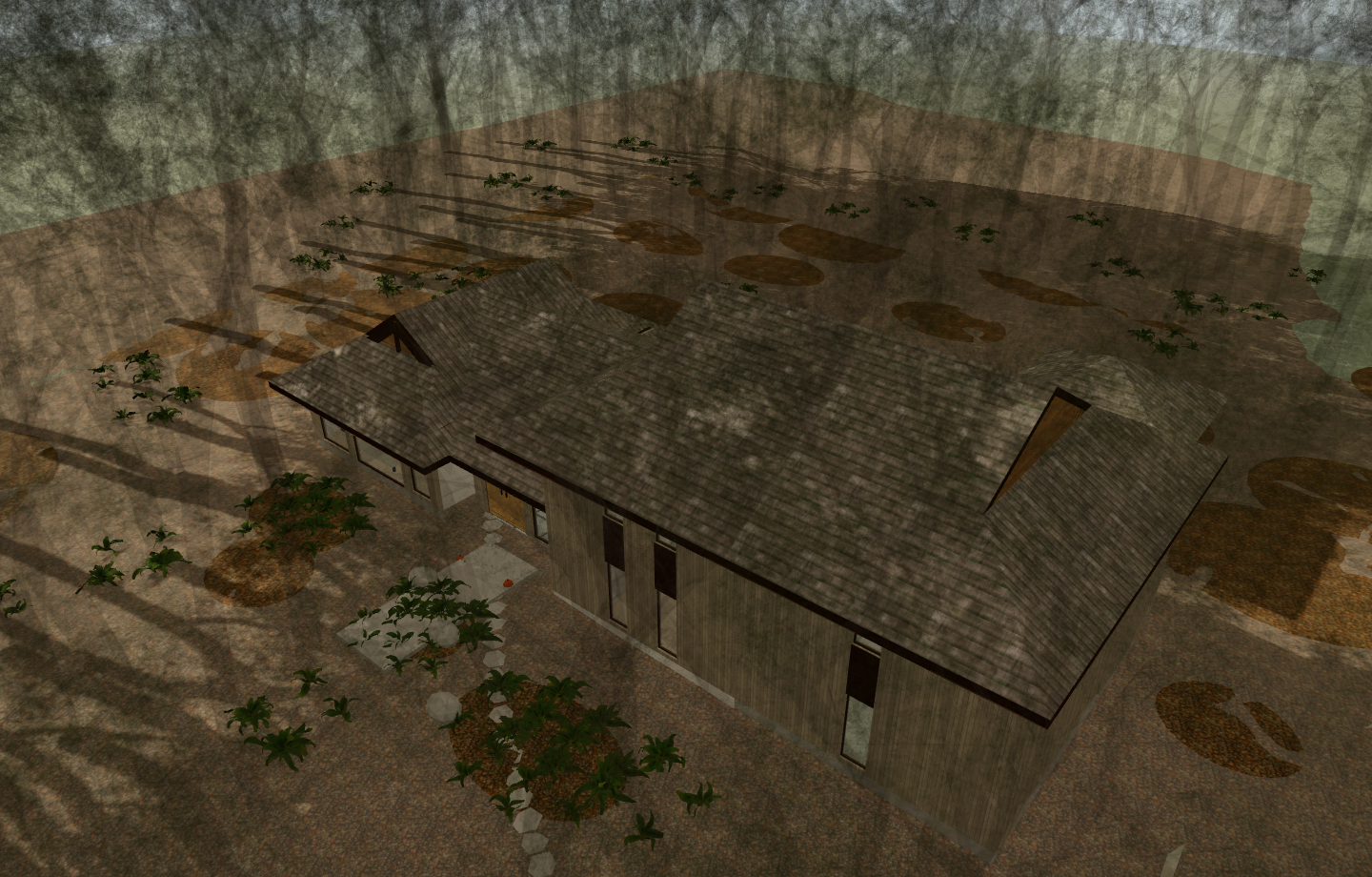 An exterior view exported from the existing spatial reconstruction. The model remains recognizable; it is neither a historical photograph nor a measured survey.