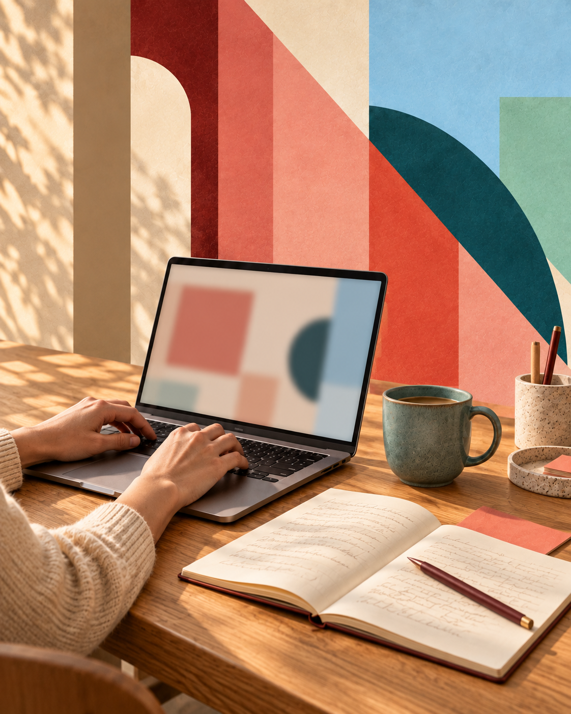 Hands working between a laptop and a notebook, with color and light continuing the surrounding geometry